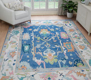 Blue Turkish Oushak Hand Knotted Rug for Bedroom & Living Room