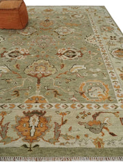 Olive Green Turkish Oushak Hand Knotted Rug for Bedroom & Living Room