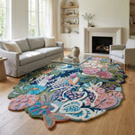 Full view of an 8x10 feet floral wool rug laid out in a spacious modern living room showcasing size and pattern.
