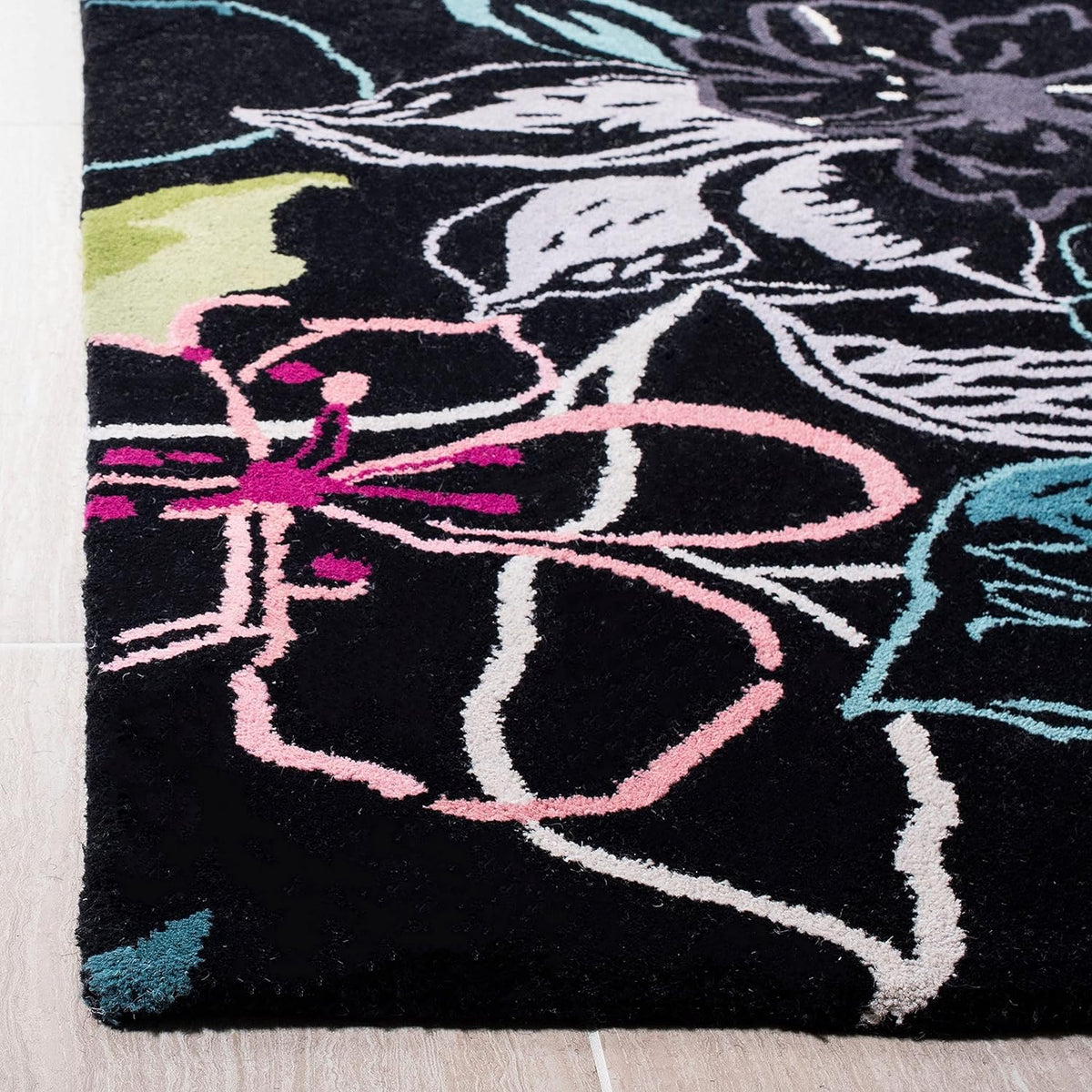 Elara Benoit Black Hand Tufted Floral Area Rug for Living Room & Bedro ...