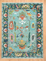 Teal Blue Turkish Oushak Hand Knotted Rug for Bedroom & Living Room