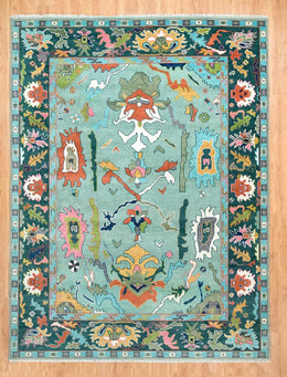 Teal Blue Turkish Oushak Hand Knotted Rug for Bedroom & Living Room