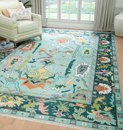Teal Blue Turkish Oushak Hand Knotted Rug for Bedroom & Living Room