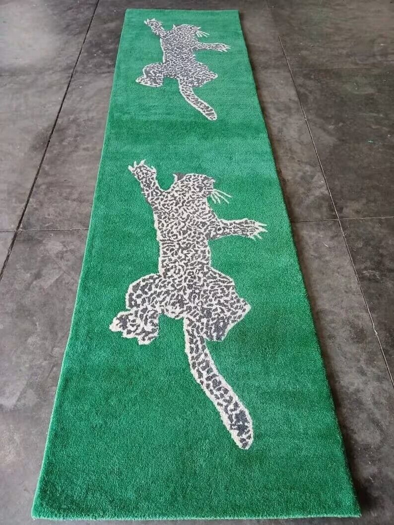 Green Climbing Leopard Hand Tufted Runner Rug for Hallway and Stair ...