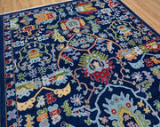 Colorful Contemporary Oushak Hand Knotted Rug, Green Red Peach Accent Navy Background