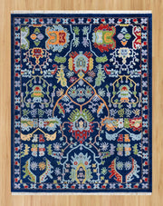 Colorful Contemporary Oushak Hand Knotted Rug, Green Red Peach Accent Navy Background
