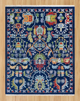 Colorful Contemporary Oushak Hand Knotted Rug, Green Red Peach Accent Navy Background